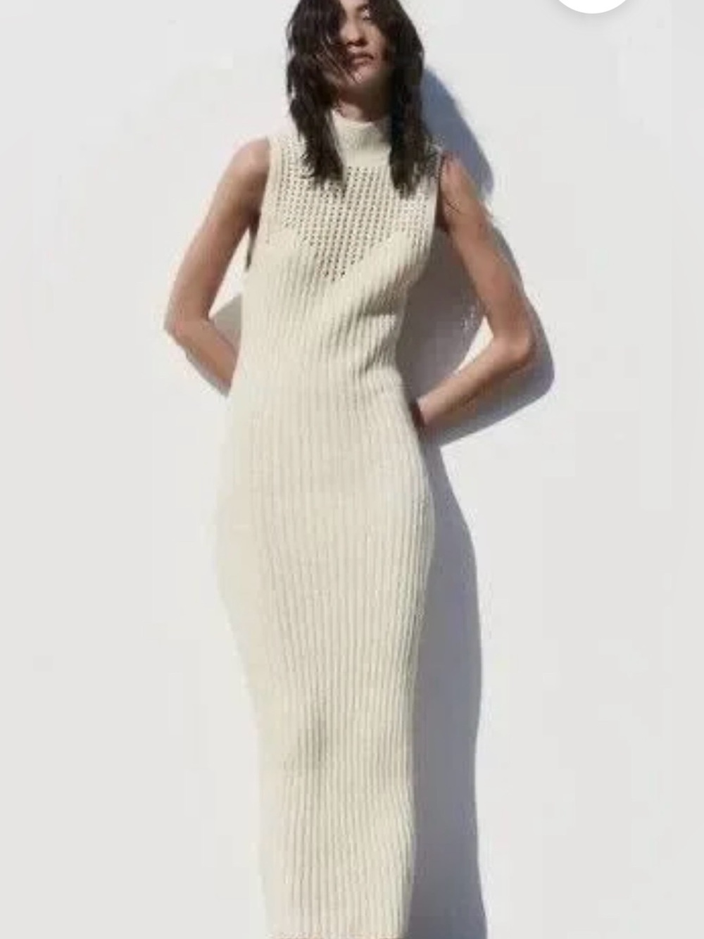 Zara Sleeveless Cream Ribbed Knit Midi Dress